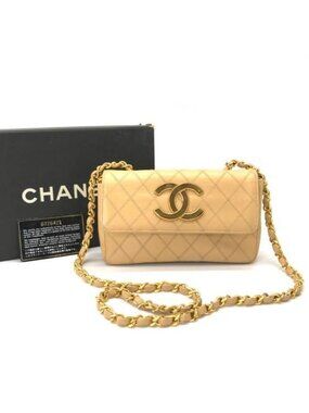 Chanel Big CC Logo Bicolor Quilted Chain Shoulder Bag Beige